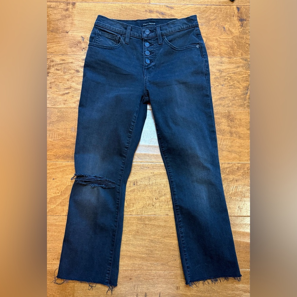 Lucky Brand Ava Crop Mini Boot Jeans 27 Black Button Fly Raw Hem